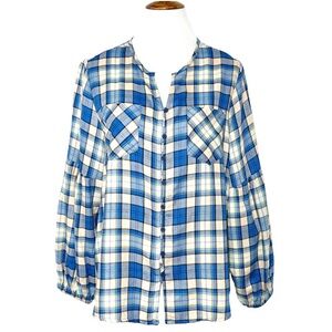 Daily Thread Puff Balloon Sleeve Blue Cream Plaid Buttondown Tunic Top L